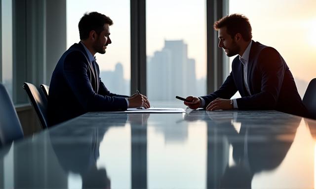 Two professionals discussing a legal document in a bright office environment