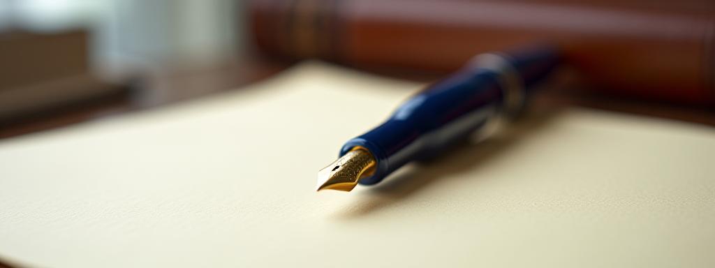 Close-up of a fountain pen and parchment paper representing legal authority